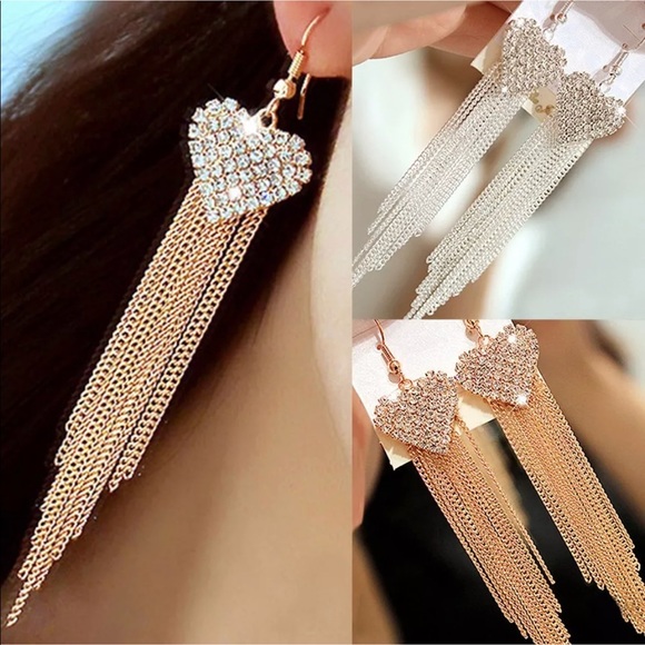 Long Drop Dangle Crystal Heart Earrings - Picture 4 of 4